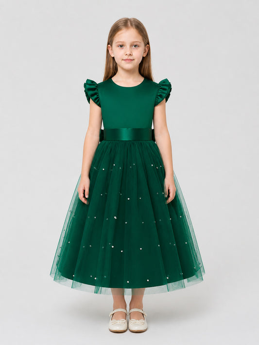 Dark Green Princess Dress with Tulle and Polka Dots on-model view