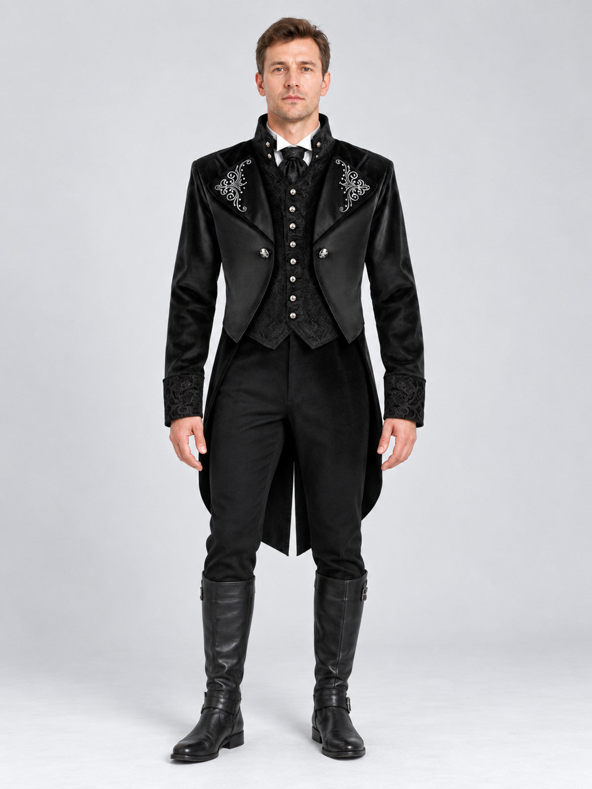 Black Tailcoat with High Collar and Silver Embroidery