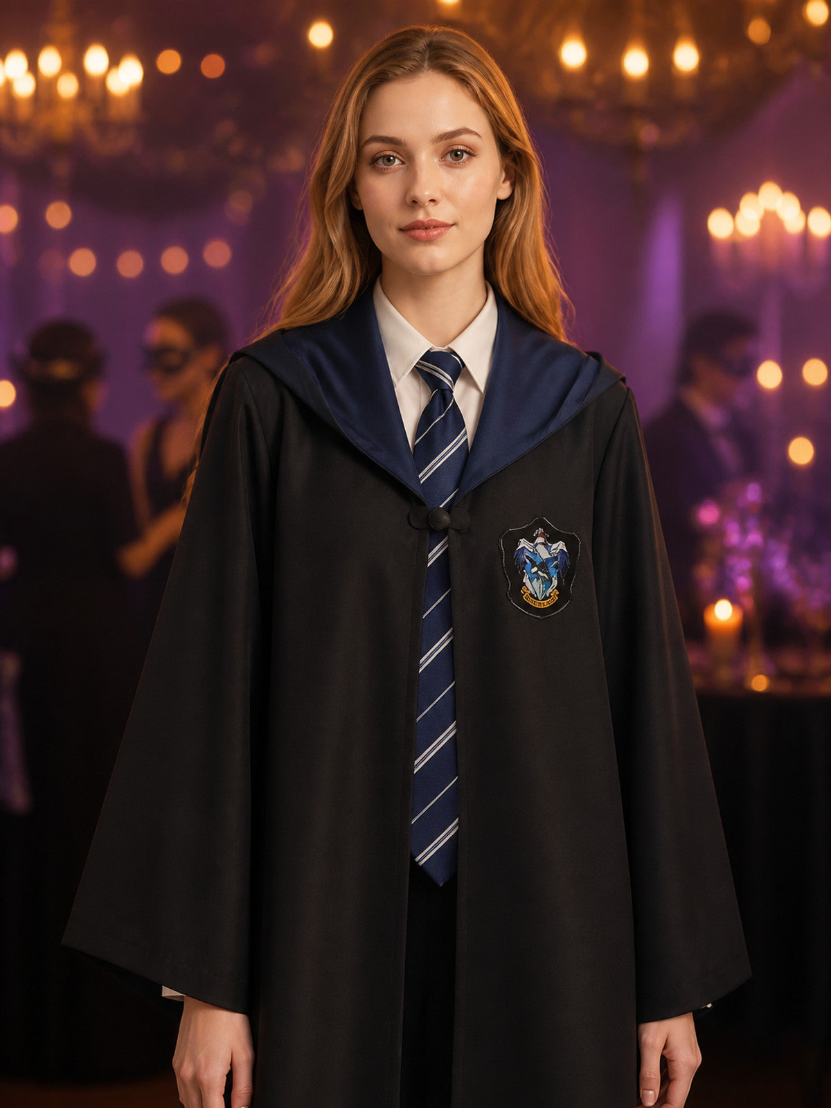 Wizard Robe Costume Set, Long-Sleeve Black Cloak With Blue-White Striped Tie on-model view