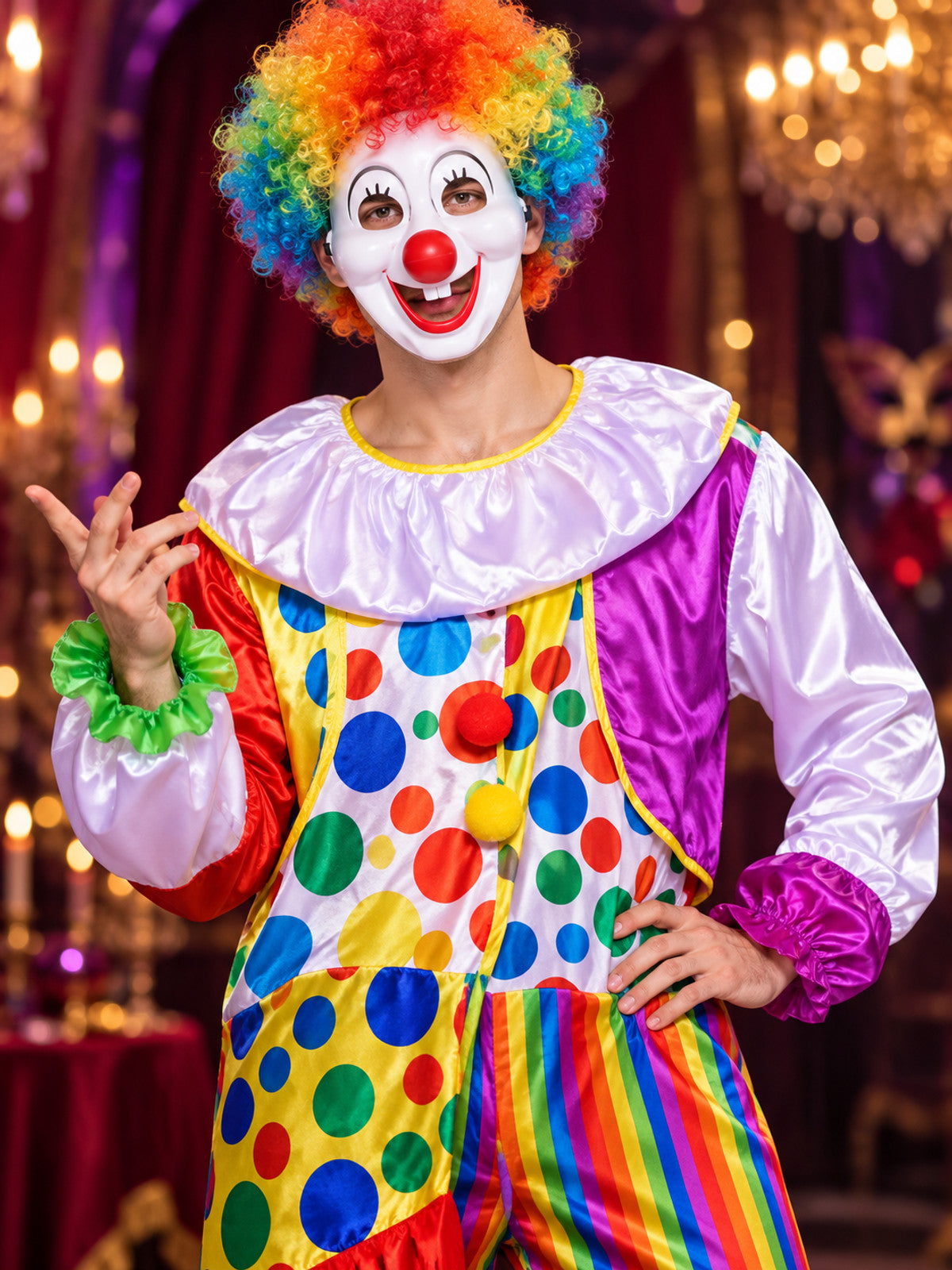 Clown Costume with Wig and Mask, Multicolor Jumpsuit