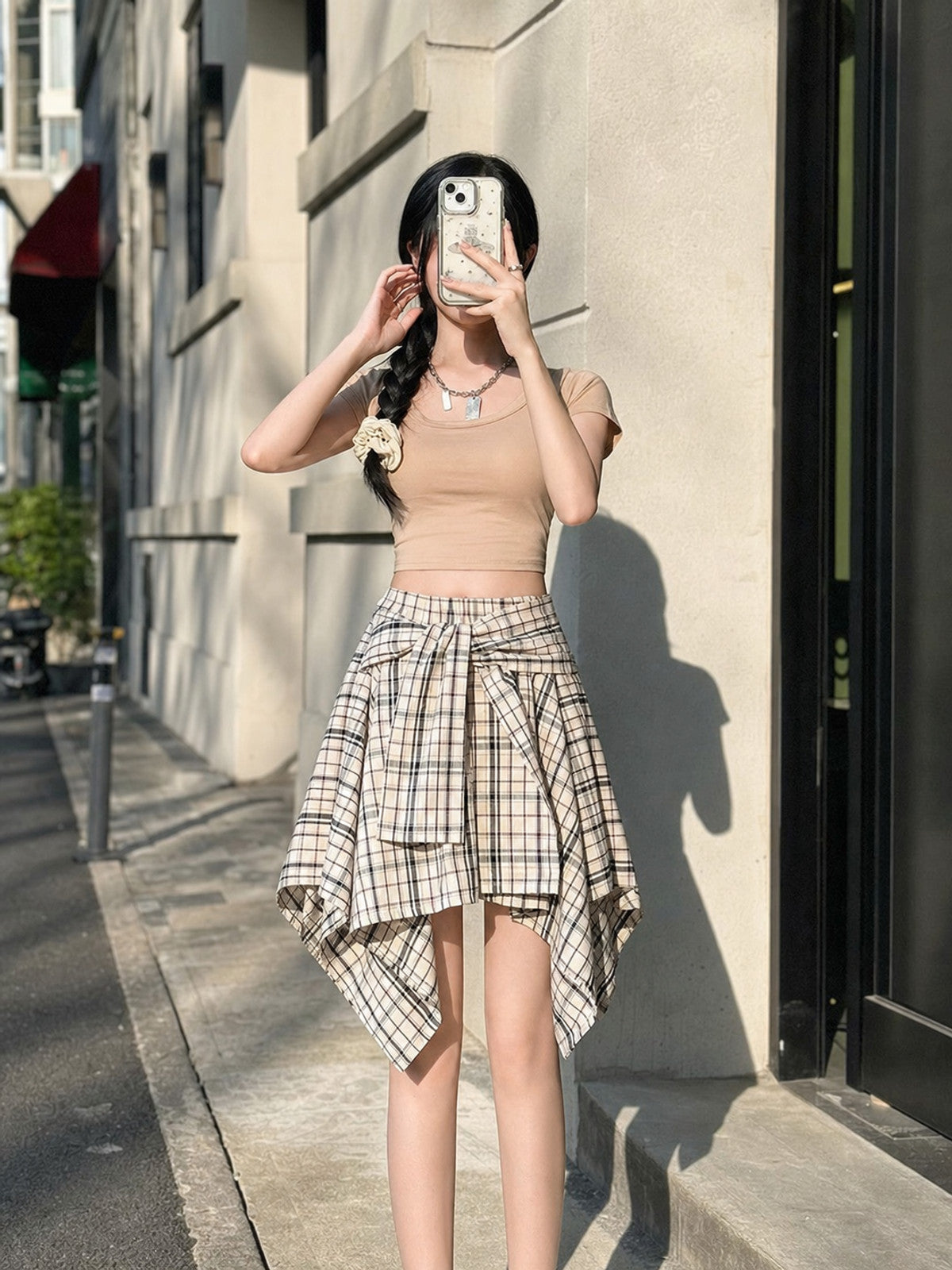 Women's set with a cropped top and plaid skirt main product view