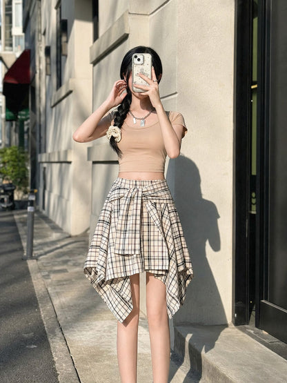 Women's set with a cropped top and plaid skirt main product view