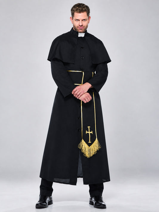 Priest costume with a white clerical collar, cape, and belt