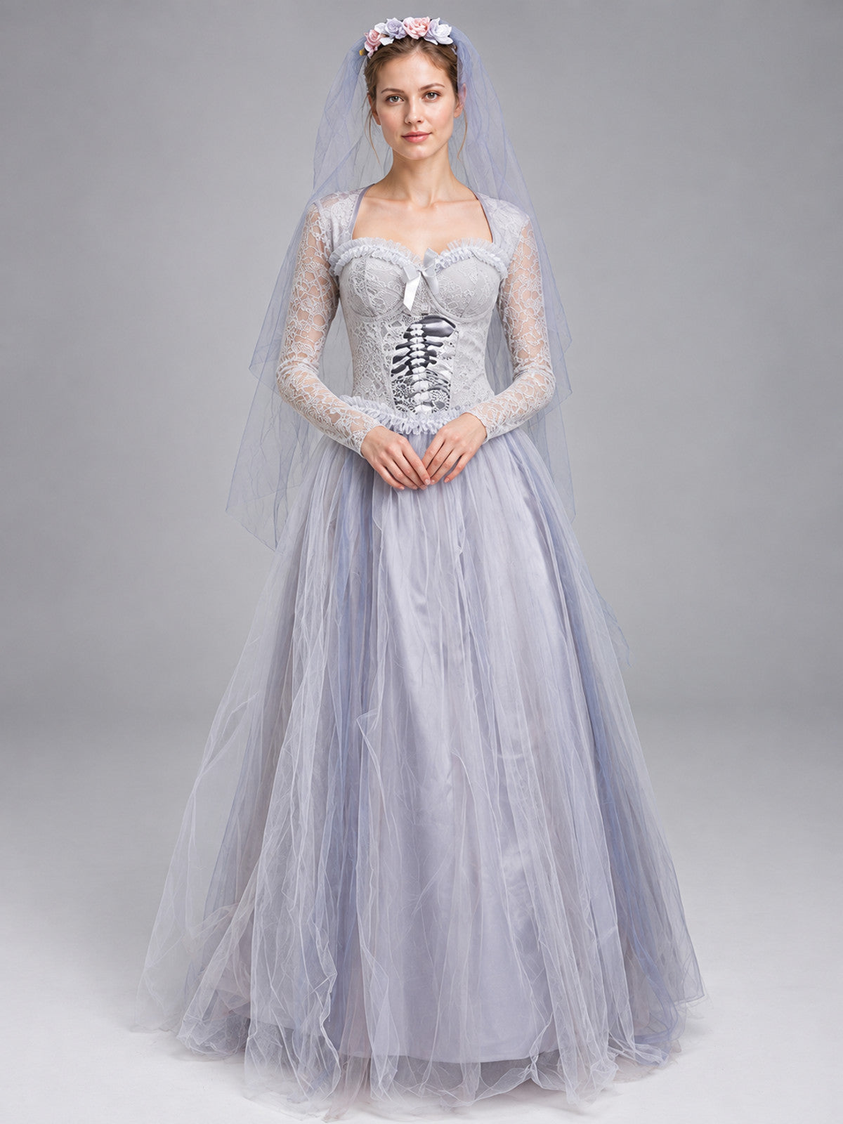 Costume Dress with Veil and Floral Wreath on-model view