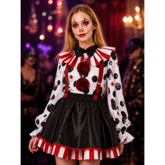 Kids Clown Circus Costume - Polka Dot Tutu Dress with Pom Poms and Bow Tie
