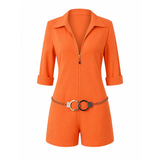Orange short romper with zipper and belt