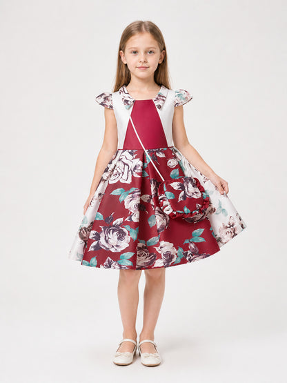 Burgundy Princess Dress with Floral Print and Handbag main product view
