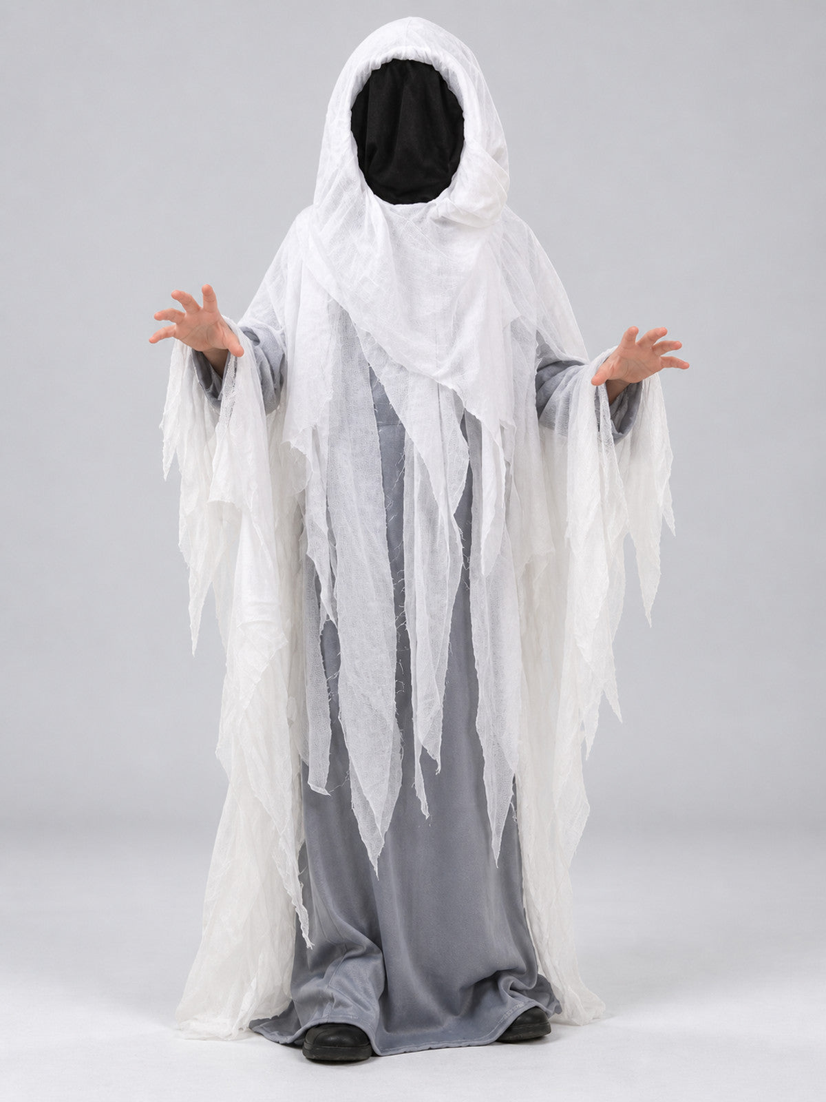 Ghost Costume with White Hood and Torn Edges