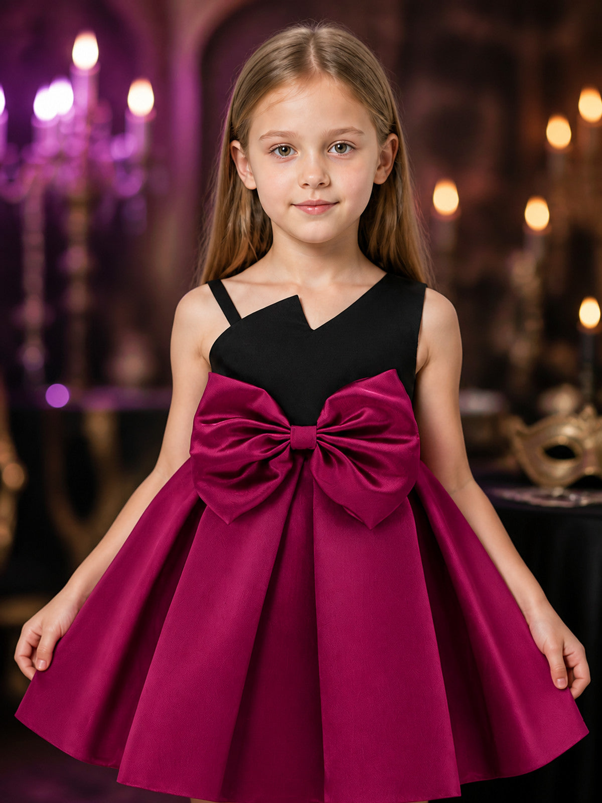 Girls' Princess Dress, Sleeveless Colorblock Formal Gown With Oversized Bow on-model view