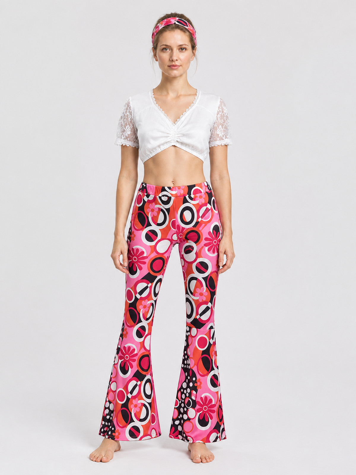 Lace-Trimmed Top, Flared Pants, and Headband Set on-model view
