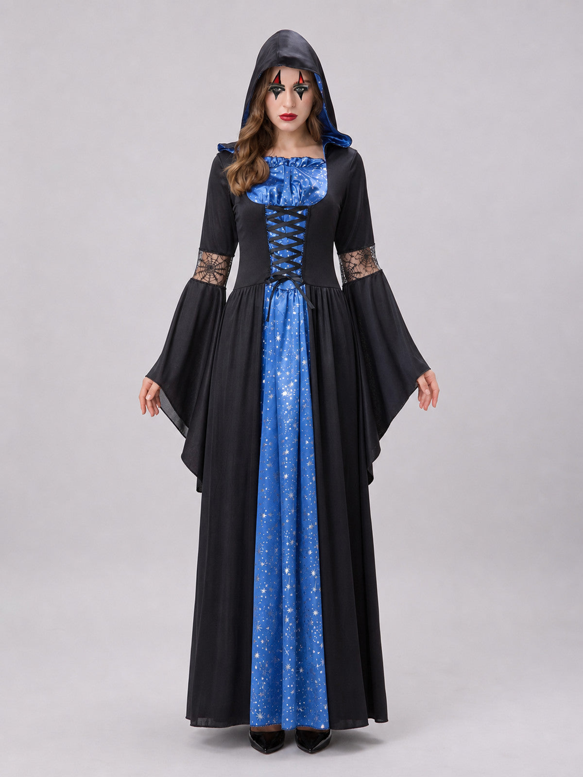 Hooded Witch Costume with Lacing and Stars front view