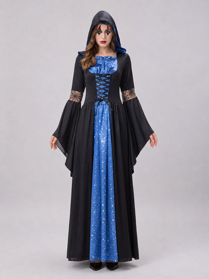 Hooded Witch Costume with Lacing and Stars front view