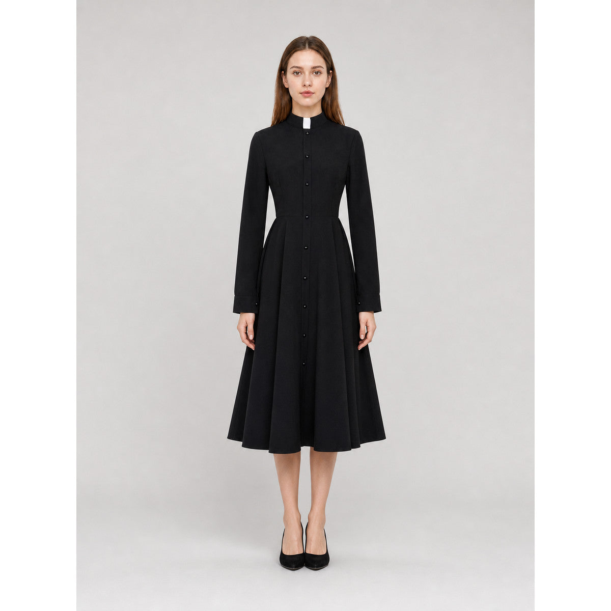 Black Button-Front Dress with Stand Collar for Cosplay