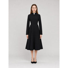 Black Button-Front Dress with Stand Collar for Cosplay