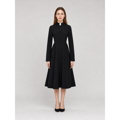 Black Button-Front Dress with Stand Collar for Cosplay