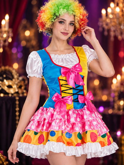 Clown Costume: Multicolored Dress with Bows and Ruffles