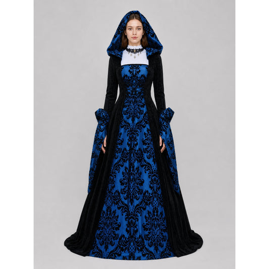 Gothic Hooded Dress with Damask Pattern
