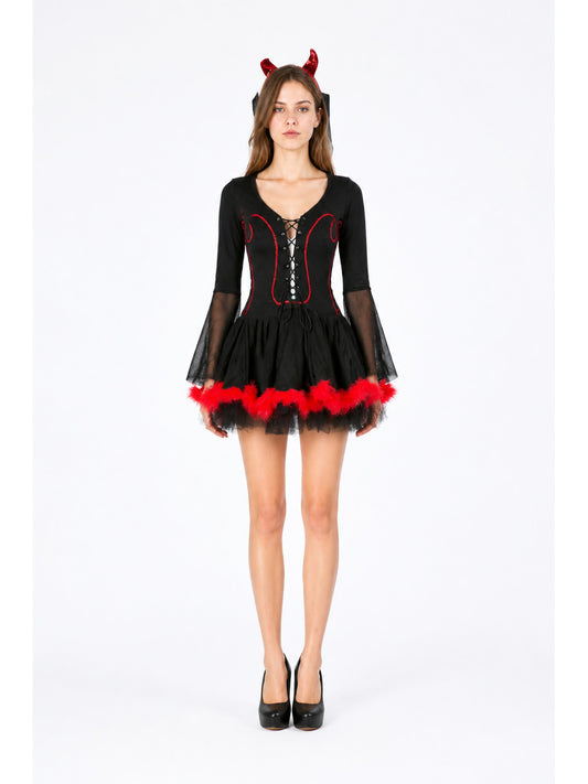 Model wearing a women's black devil costume dress with lace-up front, sheer mesh bell sleeves and red fluffy hem, front view