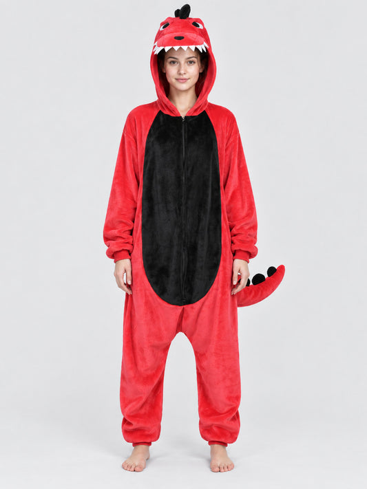 Model wearing the red and black dinosaur kigurumi onesie with dino face hood and tail, front view