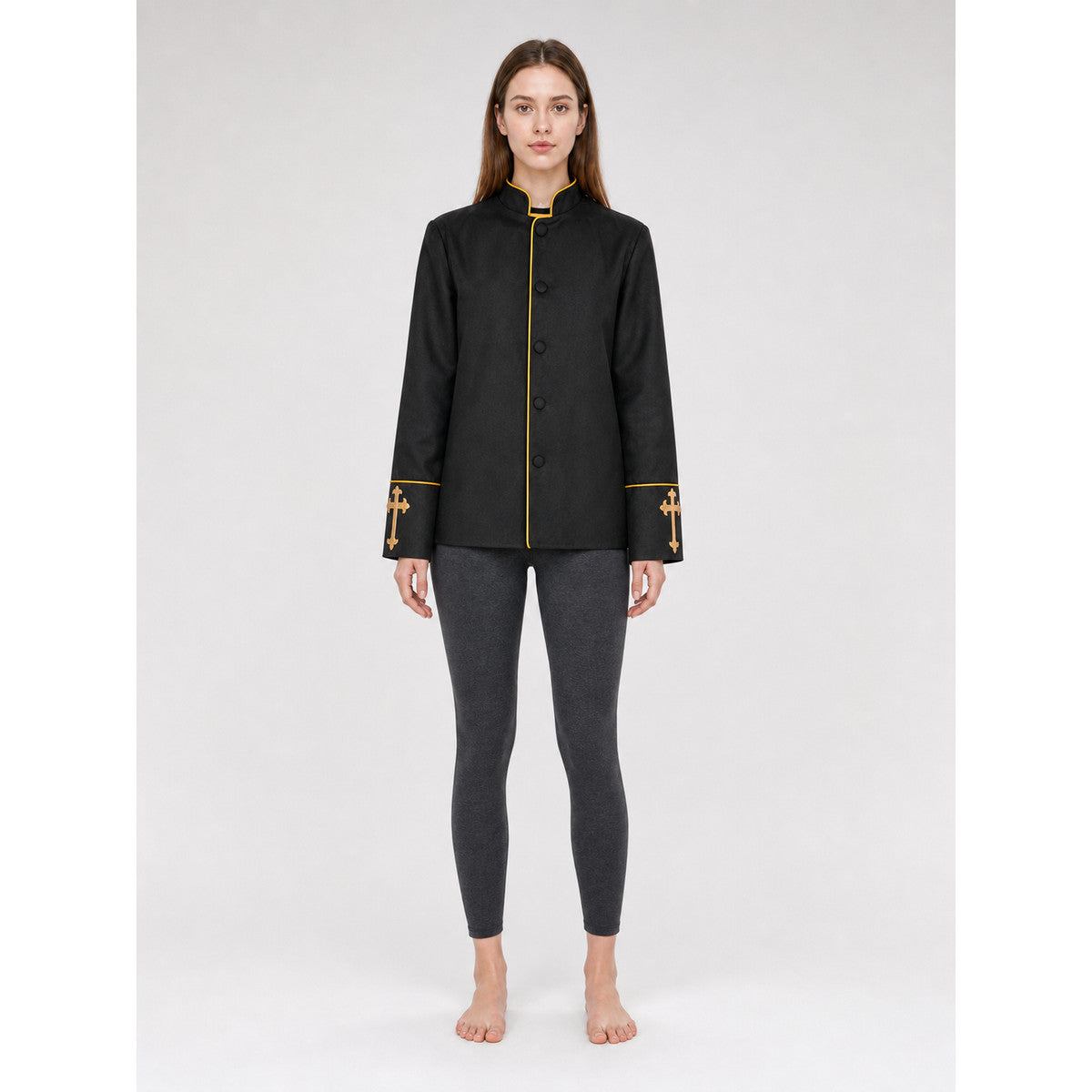 Stand-Collar Jacket with Gold Trim and Crosses on-model view