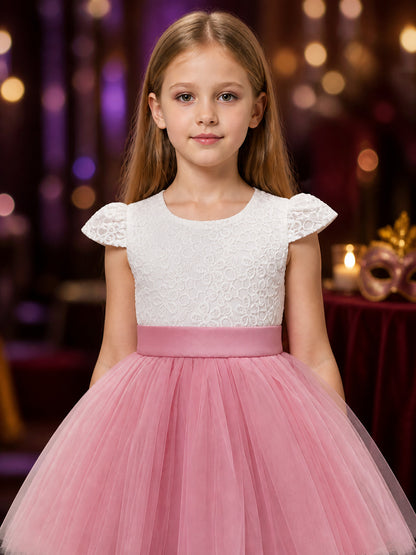 Girls' Princess Dress, Lace Bodice, Layered Tulle Skirt, Flutter Sleeves And Bow on-model view