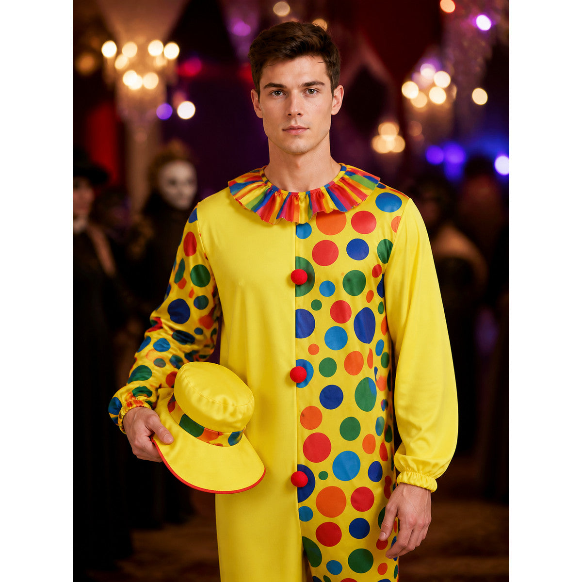 Adult Unisex Clown Jumpsuit Costume Set with Colorful Polka Dots and Ruffle on-model view