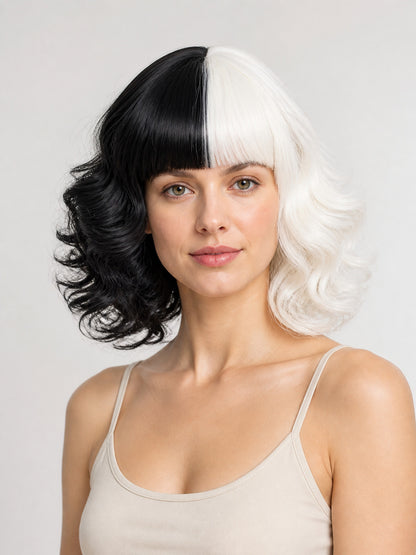 Black and White Curly Costume Wig with a Center Part main product view