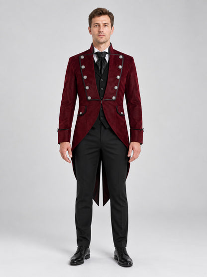Burgundy tailcoat with tails and silver buttons