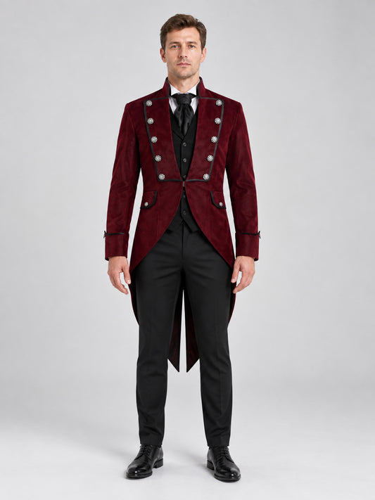 Burgundy tailcoat with tails and silver buttons
