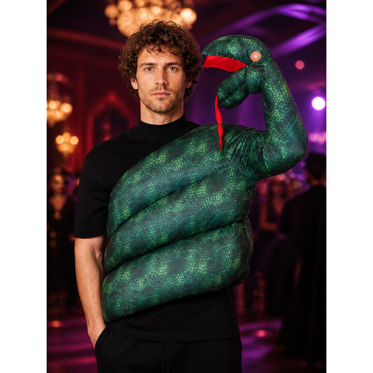 Green Long-Neck Dinosaur Jumpsuit Costume with 3D Head, Halloween Party Outfit on-model view