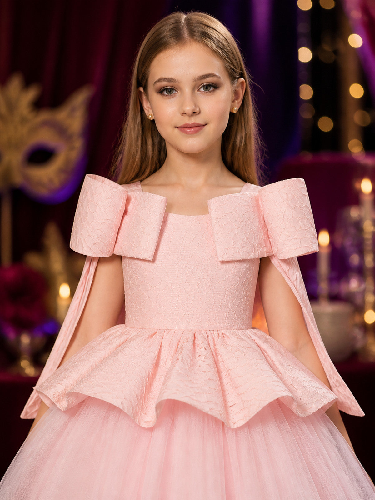 Baby Girls' Pink Princess Dress with Lace Bodice, Ruffle Sleeves and Layered on-model view