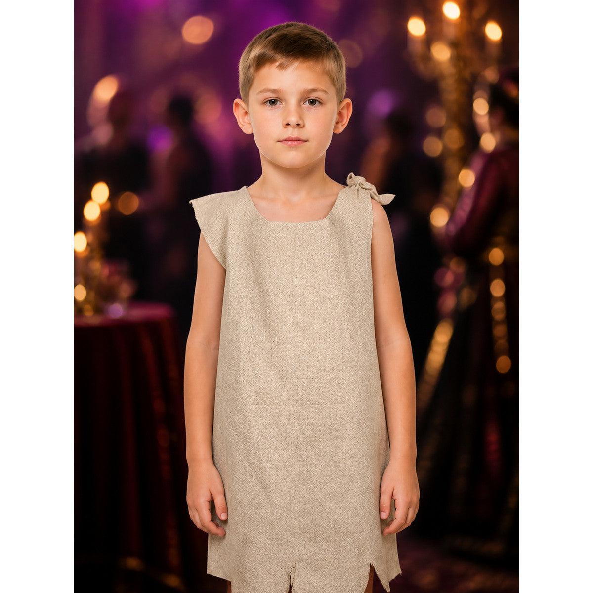 Beige Elf Costume Dress with Irregular Hem and Shoulder Tie for Halloween