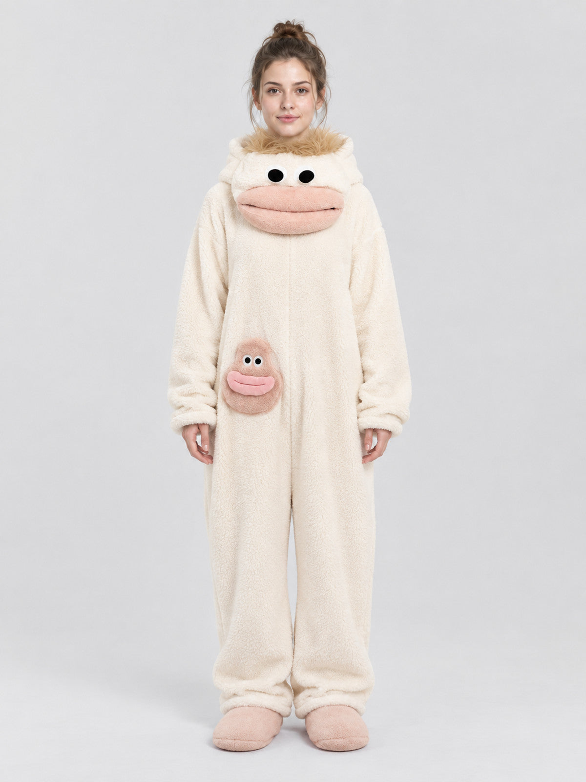 Pajama jumpsuit with a bulky hood and a cartoon face