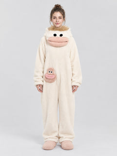 Pajama jumpsuit with a bulky hood and a cartoon face