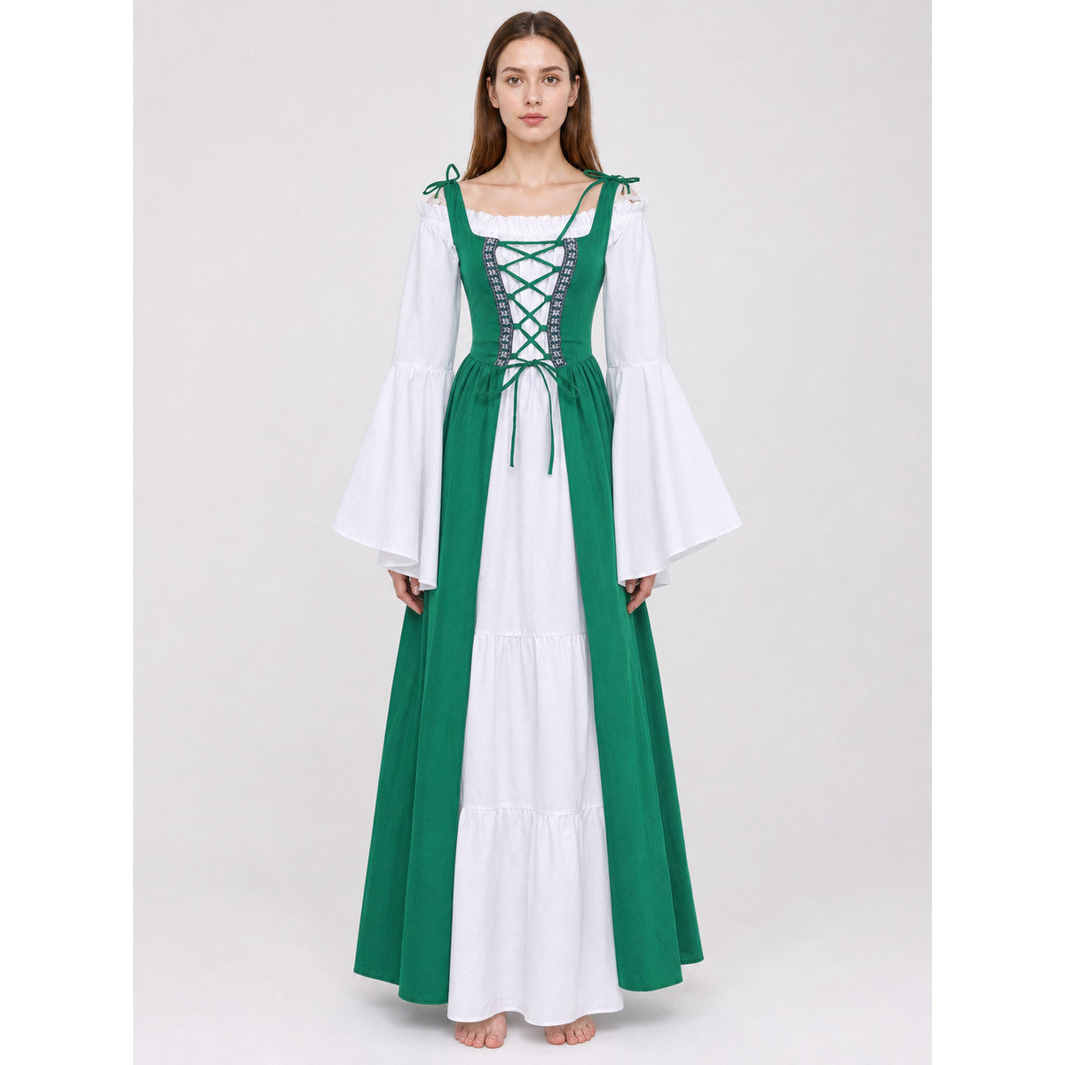Green-and-White Medieval-Style Dress with Lacing