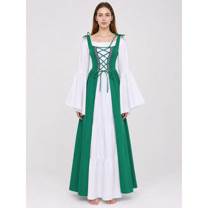 Green-and-White Medieval-Style Dress with Lacing