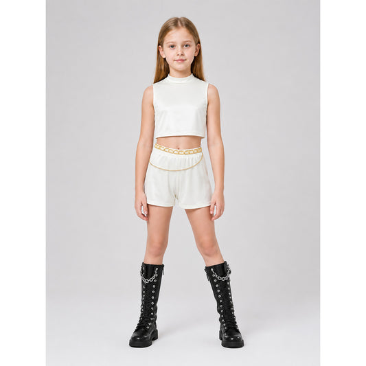 White Children's Set: Top and Shorts with Gold Waistband