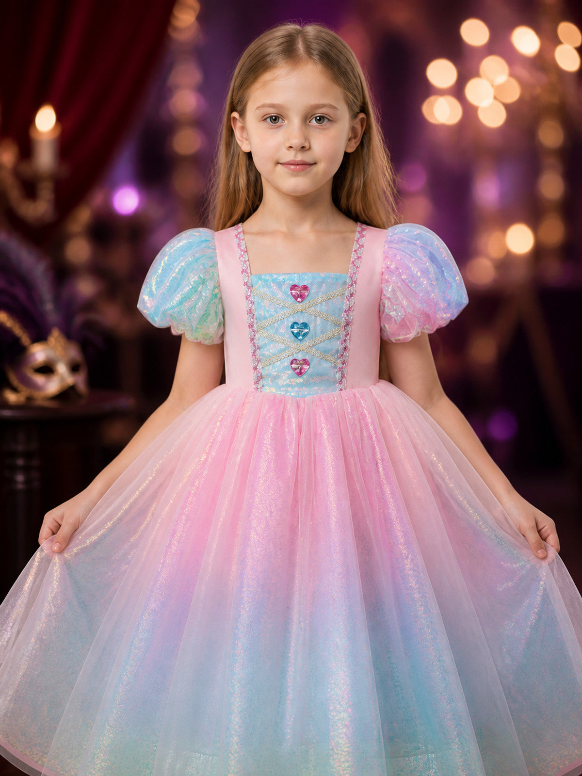 Girls' Rainbow Gradient Sequined Princess Dress with Puff Sleeves on-model view