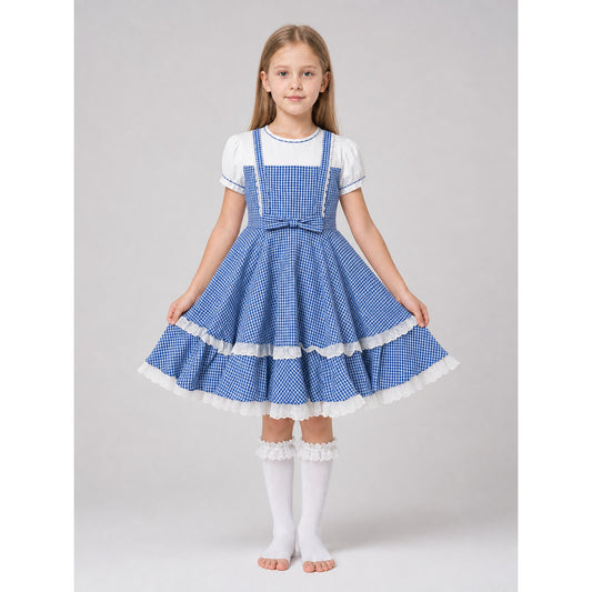 Retro-style plaid dress with socks and bows
