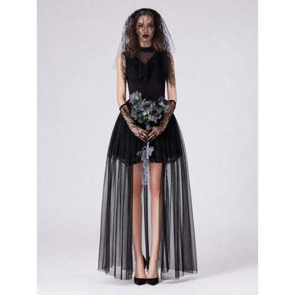 Model wearing a black gothic zombie bride Halloween costume: high-low tulle dress, black lace veil and long lace gloves, front view