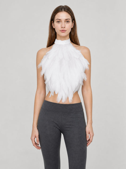 White feather halter dickey shown full-body on a model against a plain gray background