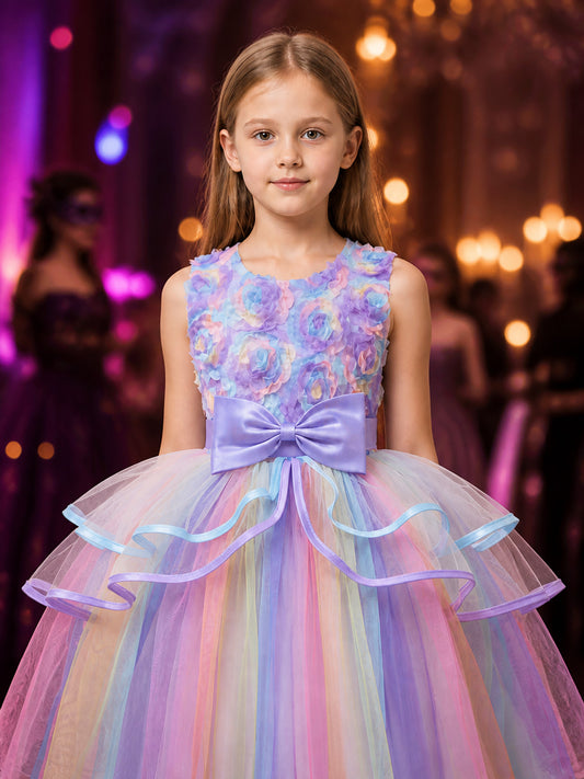 Girls' Unicorn Princess Dress, Multicolor Layered Tulle Costume With 3D Floral on-model view