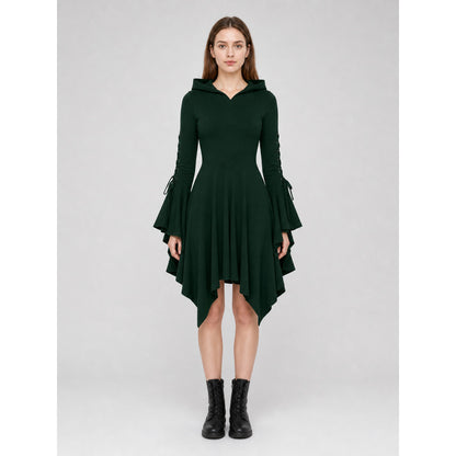 Gothic Hooded Dress with an Asymmetrical Hem