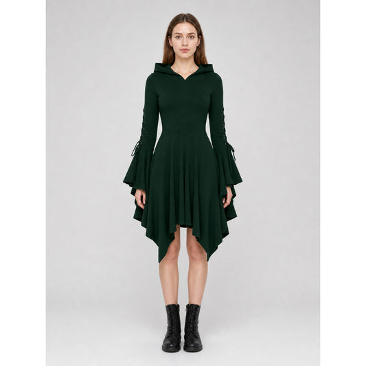 Gothic Hooded Dress with an Asymmetrical Hem