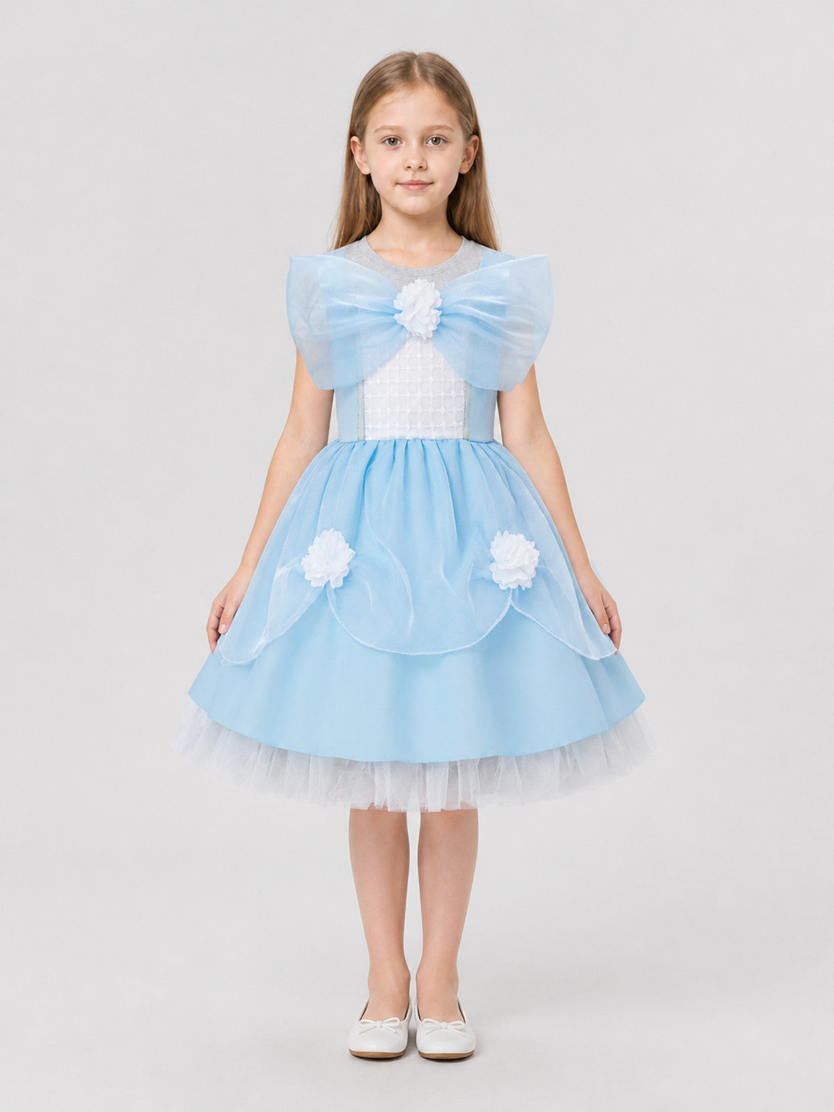 Light Blue Girls’ Princess Dress with Bow and Full Skirt on-model view
