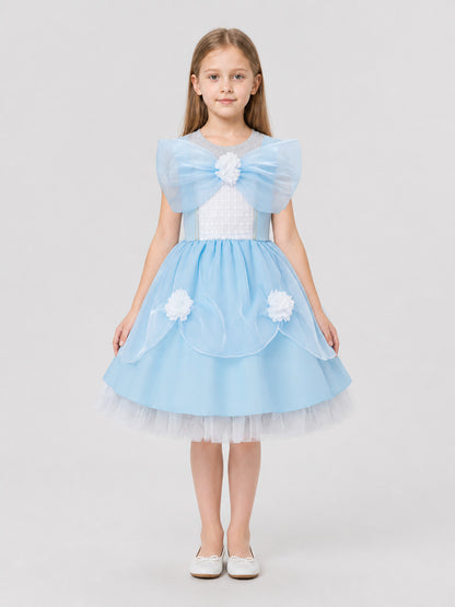 Light Blue Girls’ Princess Dress with Bow and Full Skirt on-model view
