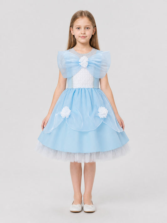 Light Blue Girls’ Princess Dress with Bow and Full Skirt on-model view