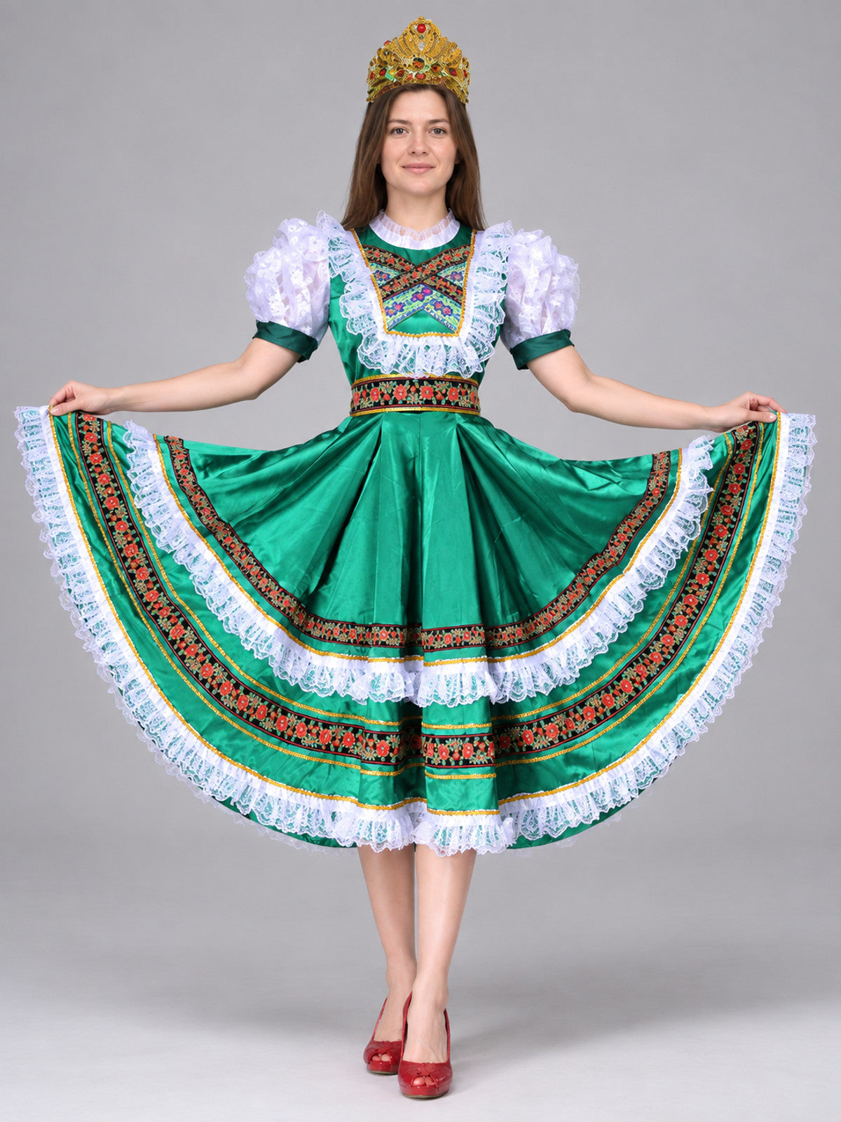 Russian Folk Dance Costume, Green, with Lace