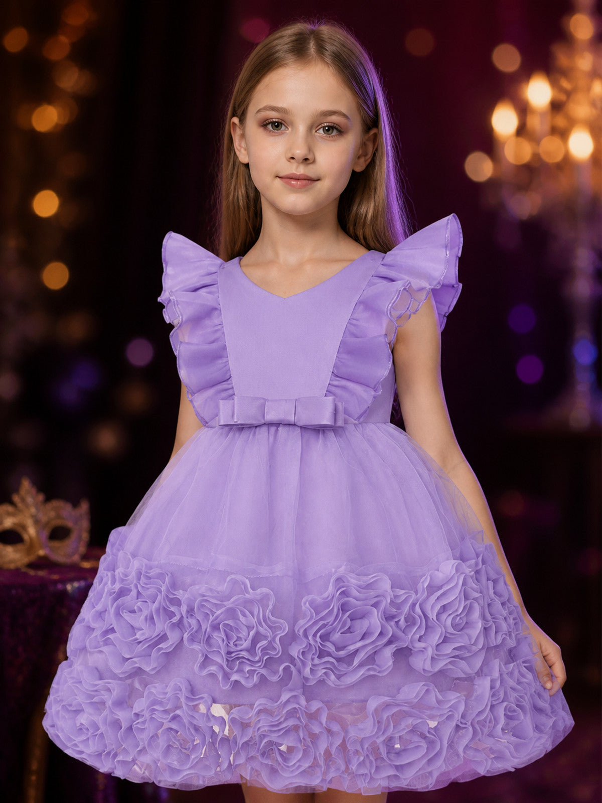 Girls' Light Purple Princess Party Dress with Layered Organza Skirt, Ruffle on-model view