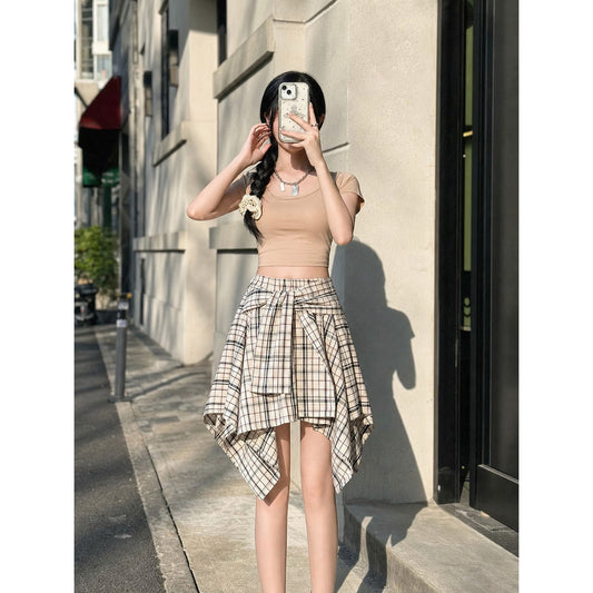 Women's set with a cropped top and plaid skirt